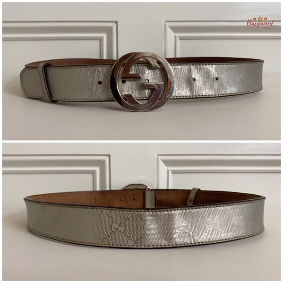 Authentic Gucci Silver Imprime Monogram Leather Interlocking G Buckle Belt 95/38 main image 7